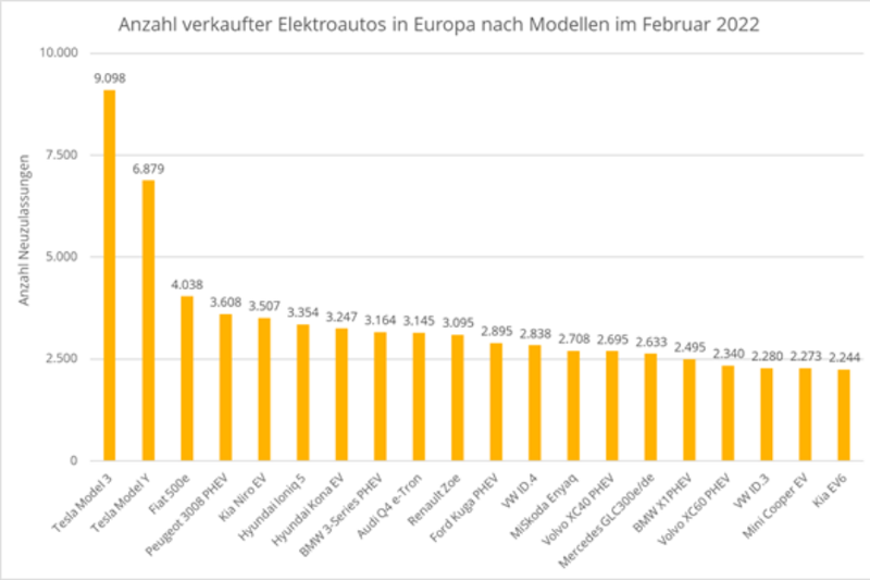 Eine Statistik, welche die Anzahl verkaufter Tesla-Fahrzeuge in Europa nach Modellen in Februar 2021 zeigt.